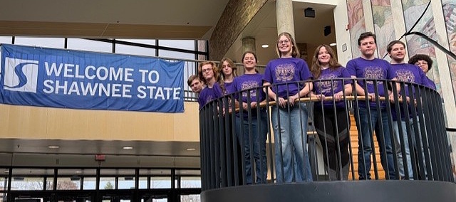 Photo of band members Ty Irwin, Aidan Isabelle, Aubrey Canter, Myah Leonard, Brooklyn Costilow, Alayneh Sapp, Jacob Vernon, Daniel Radabaugh, and Skyler Mullins at Shawnee State University