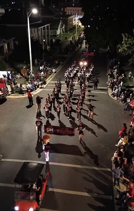 Photo of Marching Oaks band in the streets of Jackson for the Apple Festival Grand Finale Parade