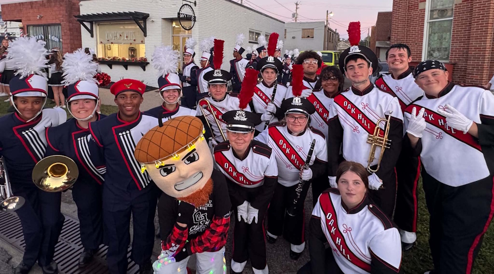 Photo of Marching Oaks band in the streets of Jackson for the Apple Festival Grand Finale Parade