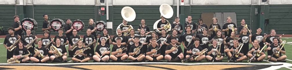 Photo of the Marching Oaks Band inside practice facility at Ohio University