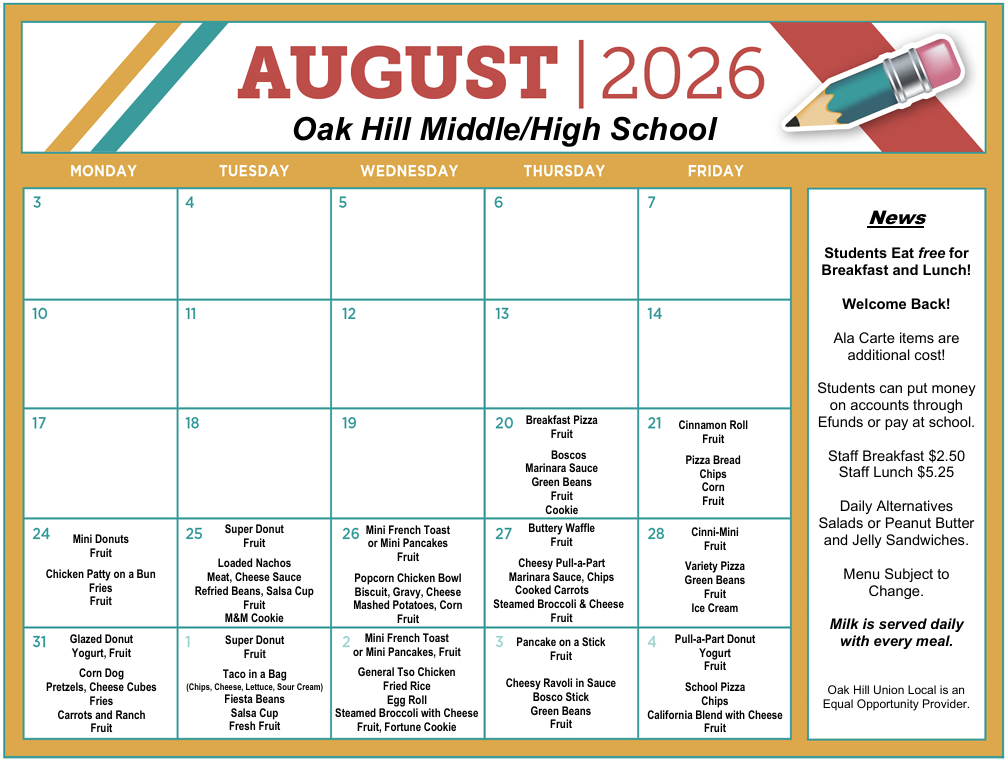 Photo of Oak Hill Middle/High School menu for August 2026