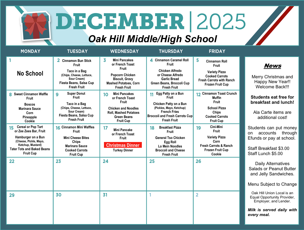 Photo of the December menu for Oak Hill Middle/High School