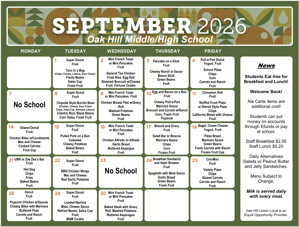 Photo of Oak Hill Middle/High School menu for September 2026